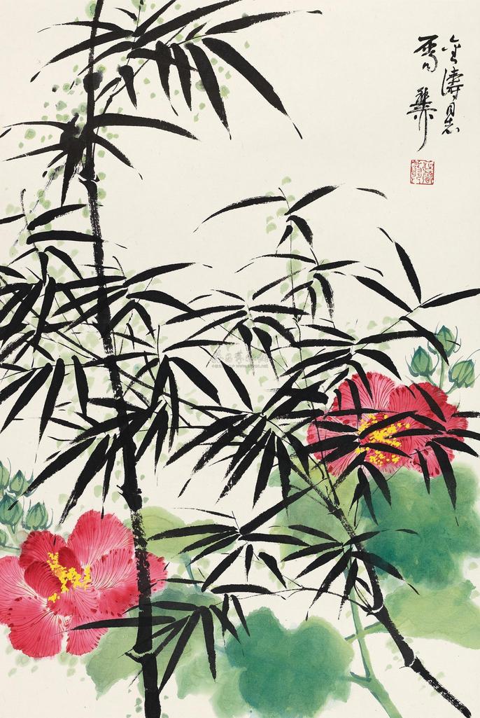 谢稚柳 芙蓉墨竹 镜心