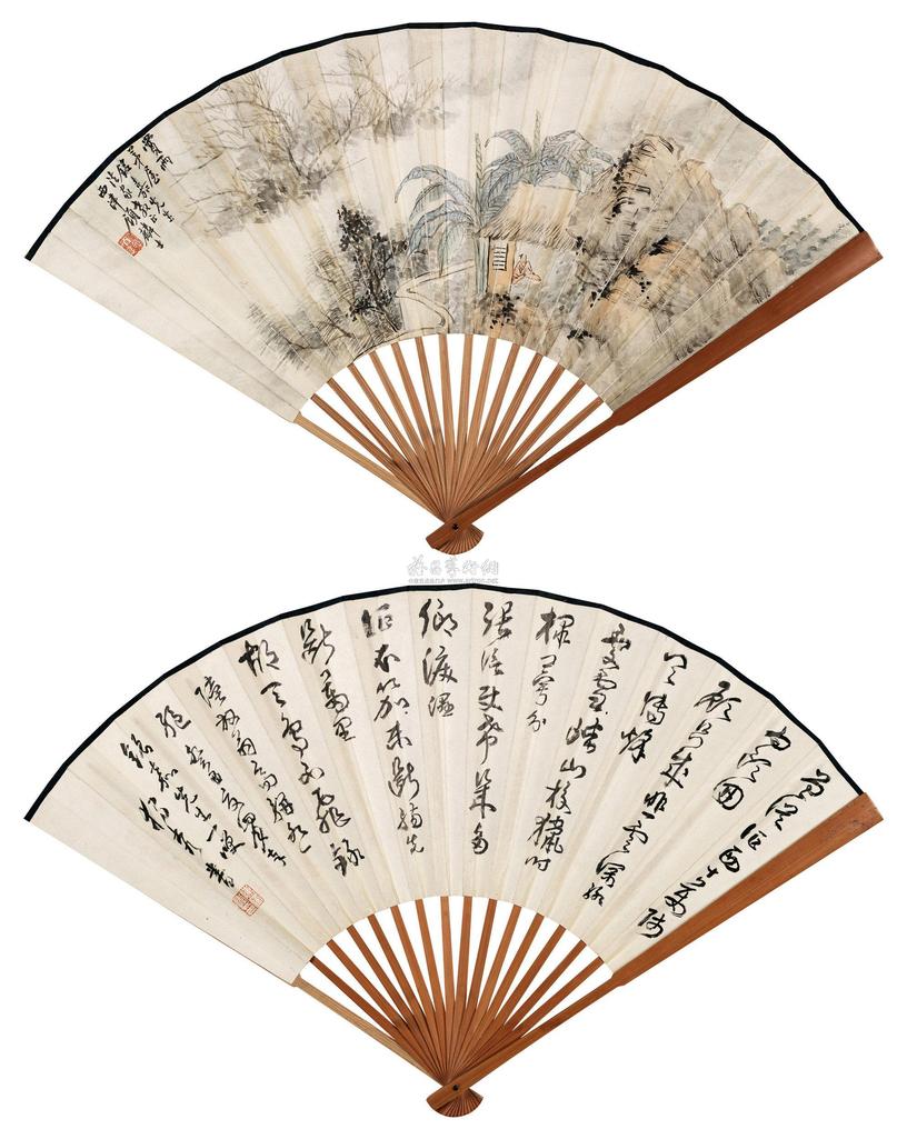 顾麟士 陈独秀 山水 书法 成扇