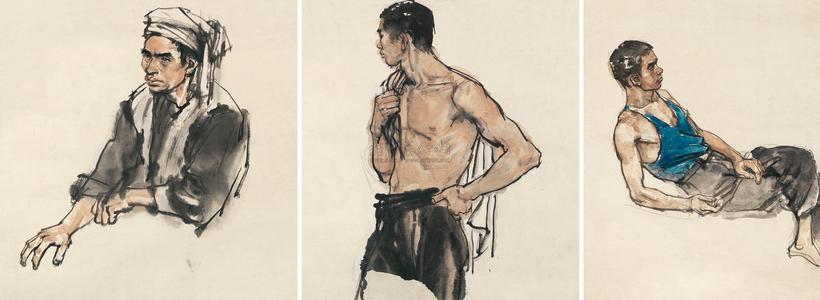 史国良 人物 （三帧） 镜心