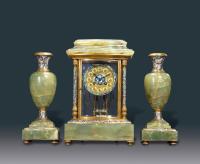 19世纪 法国DEPOSE.MARQUE铜鎏金珐琅绿玛瑙四明钟 （一套）