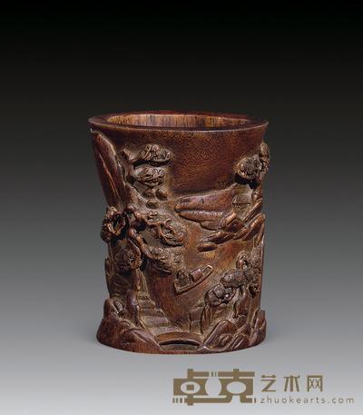 沉香雕山水人物纹笔筒 高10.7cm