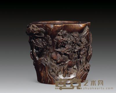 沉香雕山水人物纹笔筒 高13.8cm