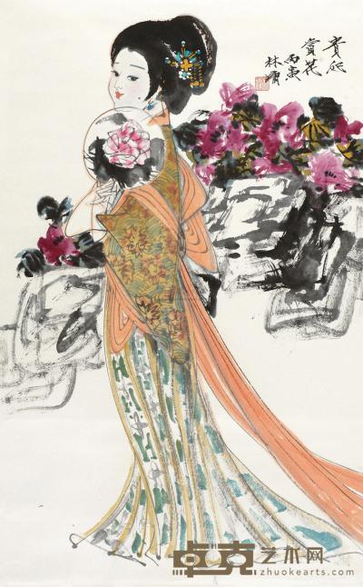 林墉 1986年作 贵妃赏花 立轴 95×58cm