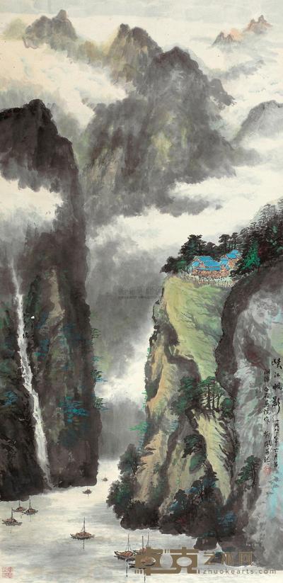 郁风 1983年作 峡江帆影 立轴 136×64cm