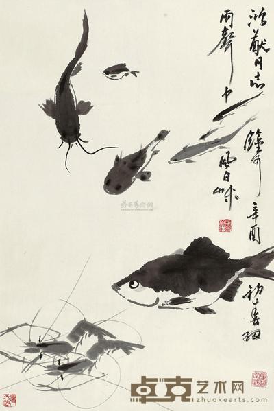 蒋风白 1981年作 鱼虾图 立轴 67.5×45.5cm