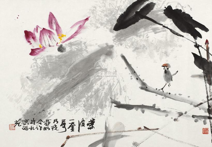 亚明 郑乃珖 荷花小鸟 镜心