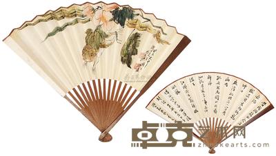 洪燠画青蛙花卉图 成扇 48×18cm