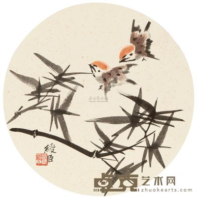 邱绶臣 花鸟团扇 立轴 直径26cm