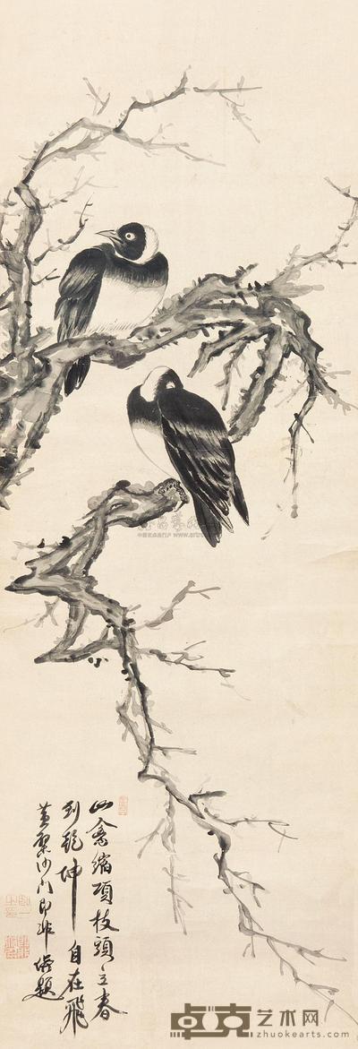 黄蘖 即非 寒林栖禽图 立轴 113.5×38.5cm