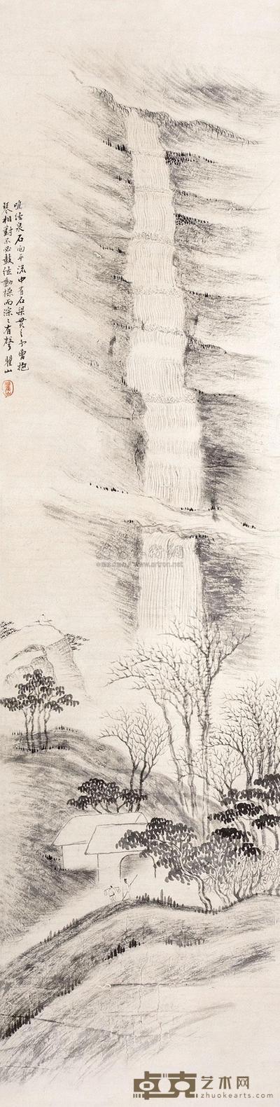 梅清 寒林飞瀑图 立轴 104.5×26.5cm