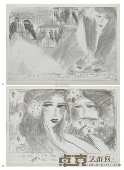 WALASSE TING A：LOVE COMING LIKE RAINBOW， GONE AS TEARS；B：LOVE COMING LIKE RED HARES RUNNING， GONE AS COLD BLUE SKY [TWO WORKS] 75×106cm