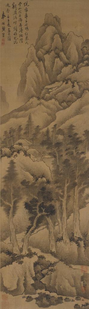 龚贤 DWELLING IN SPRING MOUNTAIN ink on silk，hanging scroll