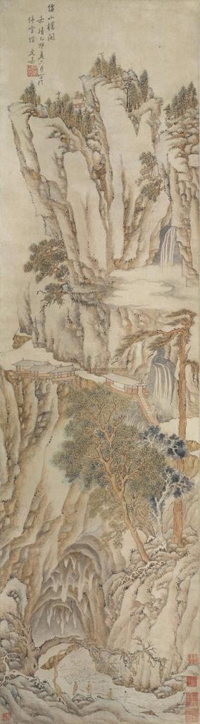 文嘉 TEMPLES ON MOUNTAINS OF THE IMMORTALS ink and color on paper，hanging scroll