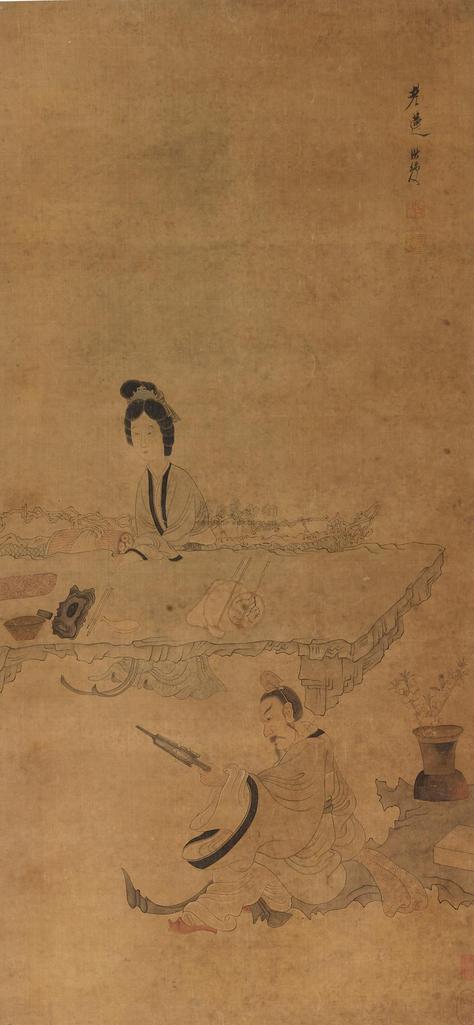 陈洪绶 PLAYING THE QIN ink and color on silk，hanging scroll