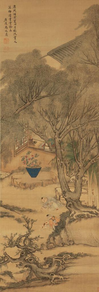 禹之鼎 LEISURE IN THE SHADE OF WILLOW TREES ink and color on silk，hanging scroll
