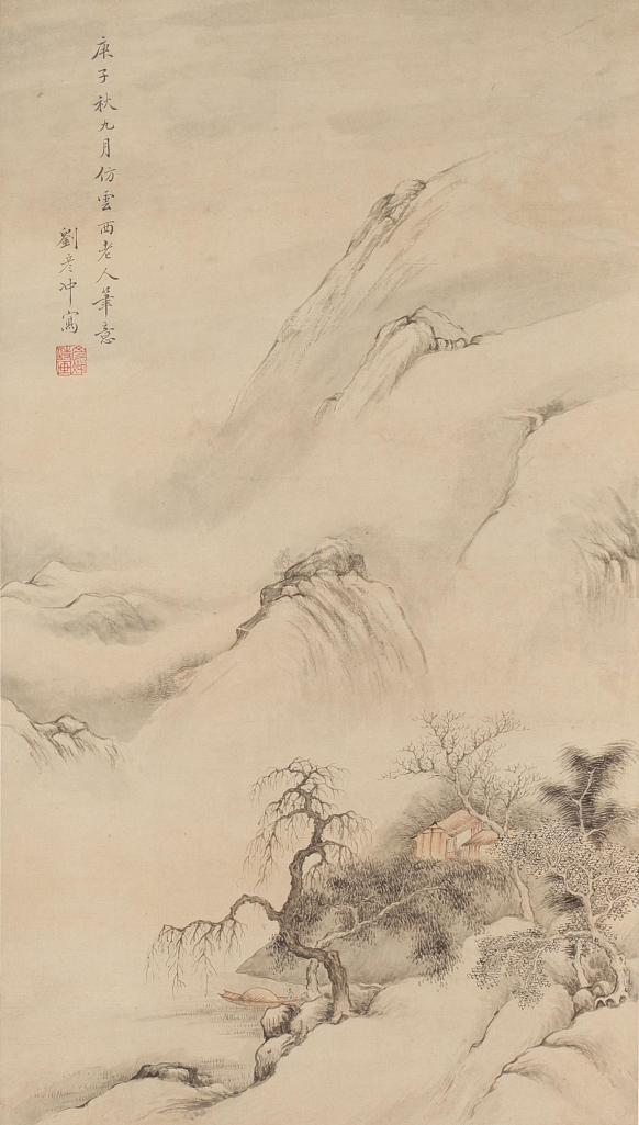 刘彦冲 MOORING A BOAT BY THE SNOWY RIVER ink and color on paper，hanging scroll