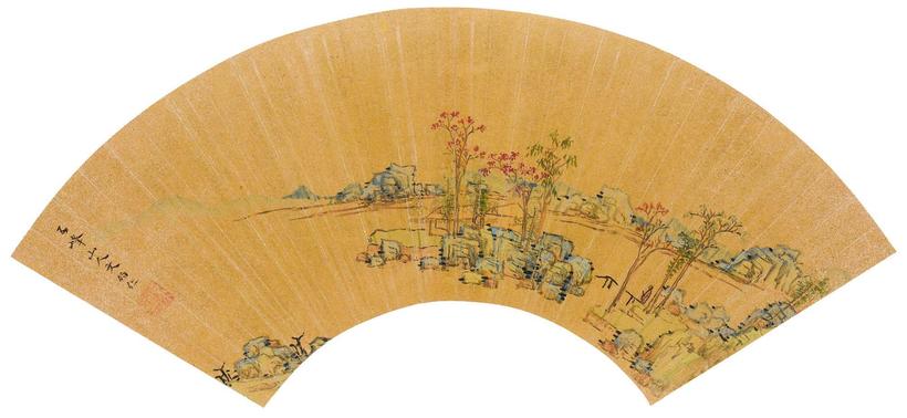 文伯仁 LANDSCAPE ink and color on gold paper，fan leaf，framed