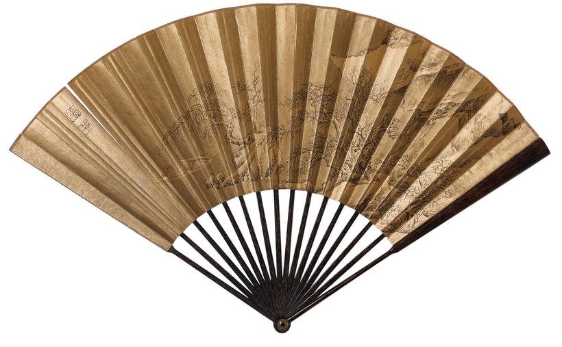 杨文骢 FISHING ALONE IN THE WINTER；POEM IN RUNNING SCRIPT ink on gold paper，ink on gold-flecked paper，folding fan