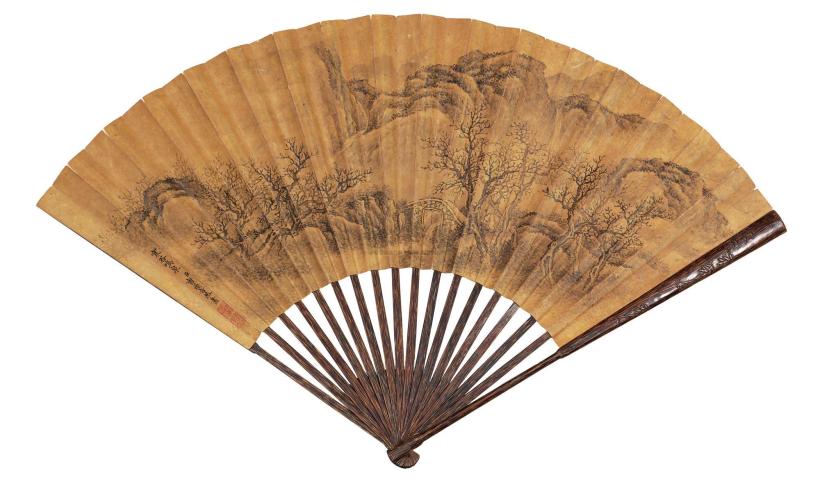 曹夔音 WATERFALL IN THE WINTER ink on gold-flecked paper，folding fan