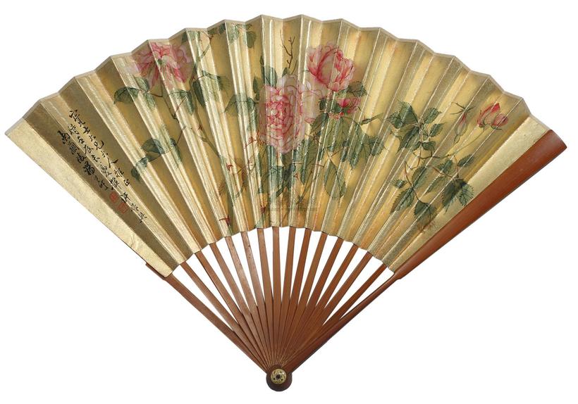 汤世澍 ROSES ink and color on gold paper，folding fan