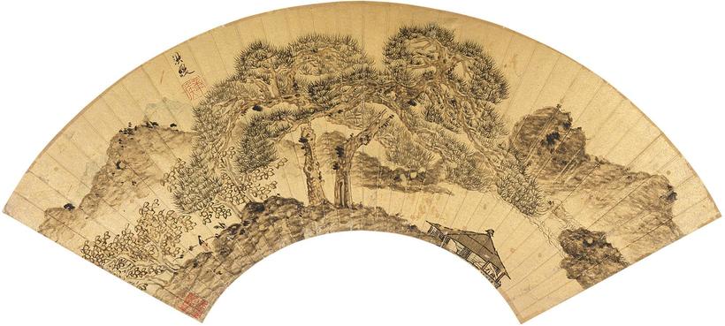 陈洪绶 LANDSCAPE ink on gold paper，fan leaf，framed