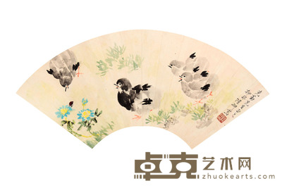 花鸟扇面镜片 18×48