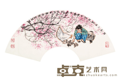 喂鸡图扇面镜片 20×60