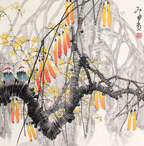 花鸟立轴