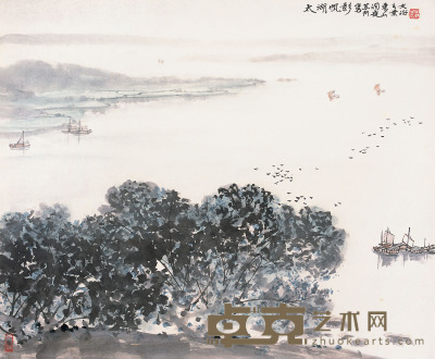 宋文治 1990年作 太湖帆影 镜片 37×44.5cm