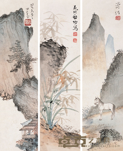 启功 溥儒 溥佐 1943年作 山水 人物 镜片 23×6cm×3