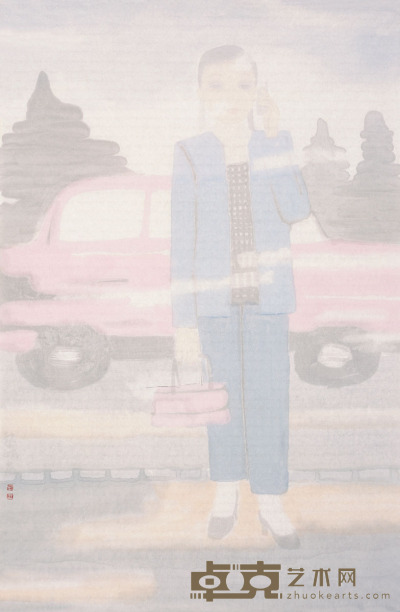 田黎明 打手机的女孩 镜片 设色纸本  69×46cm