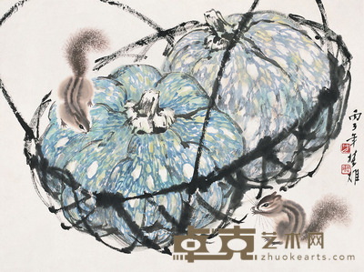 方楚雄 松鼠南瓜 镜片 设色纸本  34×45cm
