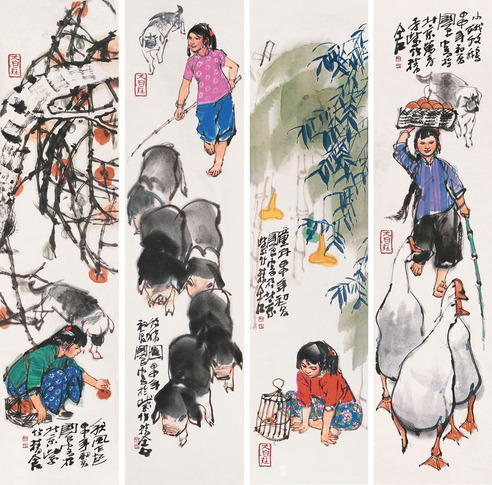 史国良 人物 四屏 设色纸本