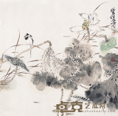 贾广健 花鸟 镜片 设色纸本  70×69cm