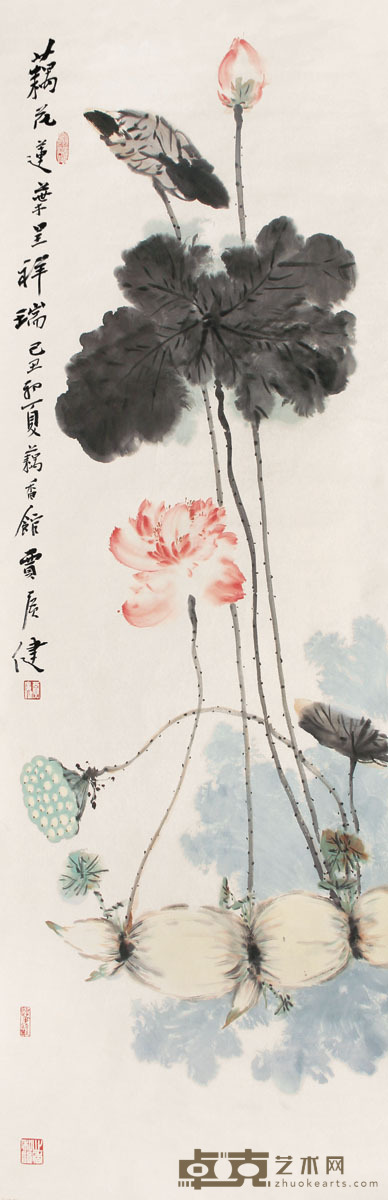 贾广健 藕花莲叶呈祥瑞 镜片 设色纸本  138×49cm