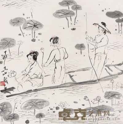 吴山明 采莲图 立轴 设色纸本  68×68cm