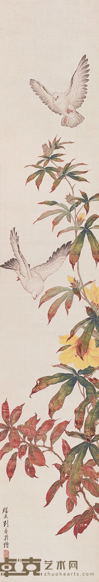 刘奎龄 蜀葵双鸽 立轴 设色纸本  123.5×21cm