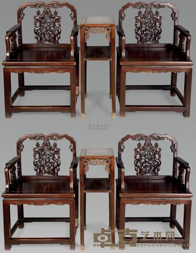 清 红木雕花果太师椅 （六件） 62×48×93cm；30×40×80cm