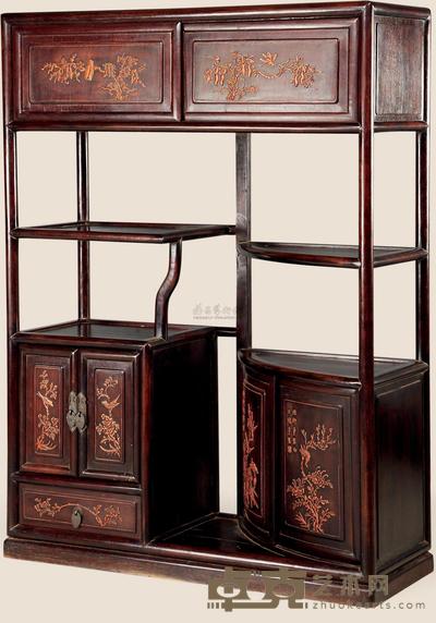 民国 红木嵌黄杨木雕花鸟多宝格 90×32×121cm
