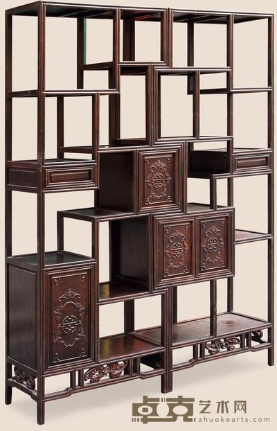 清 红木雕福寿多宝架 （两件） 75×34×188cm
