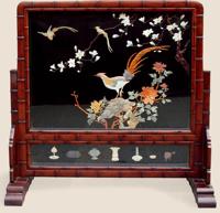 20世纪 红木雕竹节嵌花鸟屏风