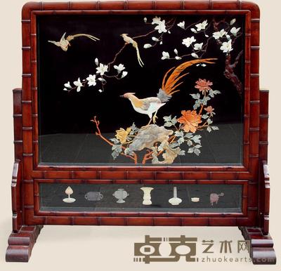 20世纪 红木雕竹节嵌花鸟屏风 130×138cm