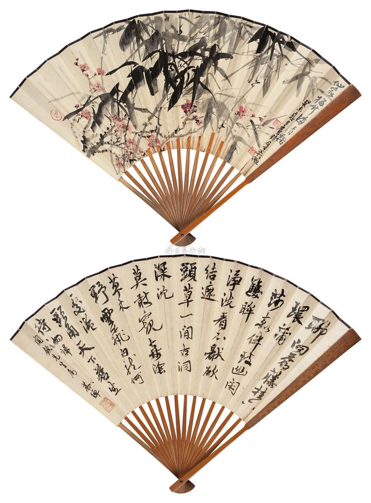 吴徵 叶恭绰 癸未（1943年）作 双清图 行书七言诗 成扇