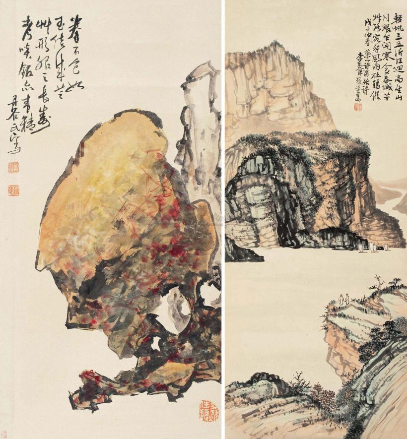 罗丹谷 李汛萍 戊子（1948年）作 拳石图 峡江帆影 立轴 镜心