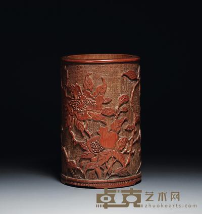 清 竹雕喜鹊石榴笔筒 高15.5cm；直径8cm