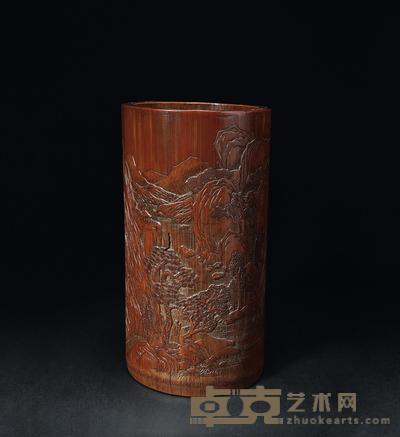 清 竹雕深山策杖笔筒 高21.3cm；直径9.5cm