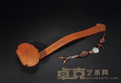 清 竹雕贴黄如意 长31.3cm