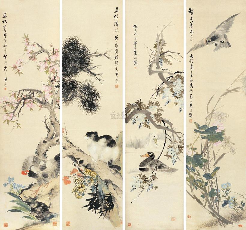 朱梦庐 乙酉（1885）年作 春醒 （四幅） 屏轴
