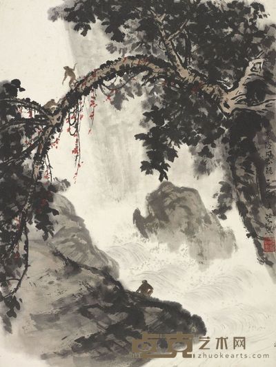 魏紫熙 猴子观瀑 56×42cm,约2.1平尺