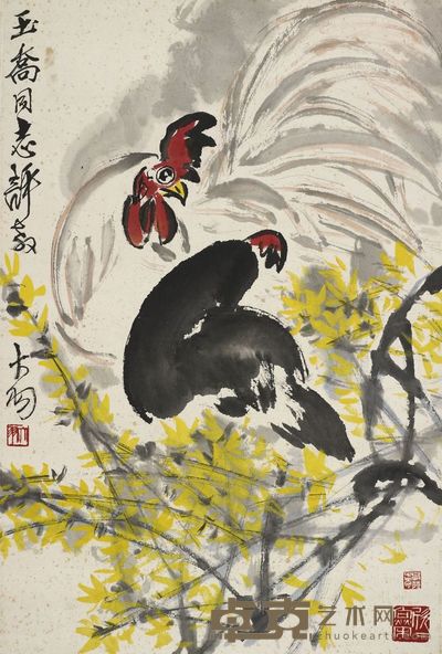 陈大羽 双鸡图 69×47cm,约2.9平尺